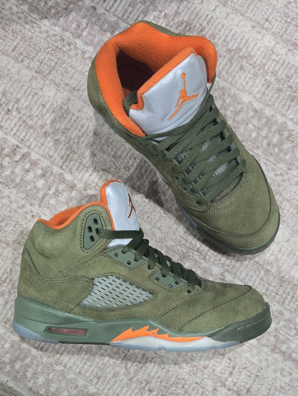 Air Jordan 5 Olive Green & Orange Suede Retro Sneakers, 5.5Y, Lightly Used